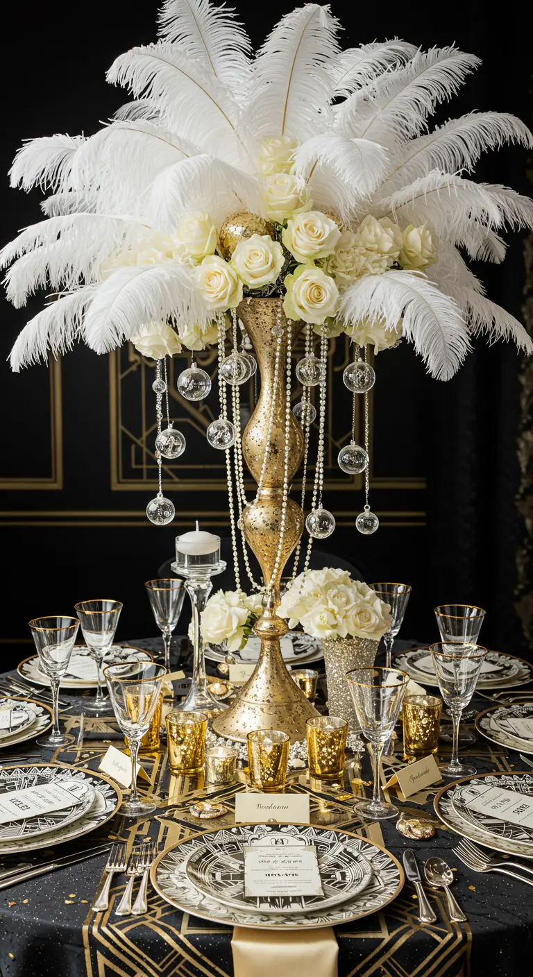 Centre de table style Gatsby avec plumes blanches, roses, perles et boules de verre sur une table dorée.