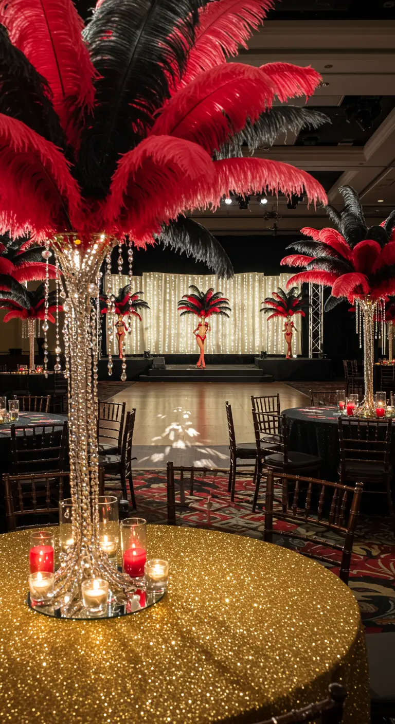 Table de fête dorée avec un grand centre de table en plumes rouges et noires.