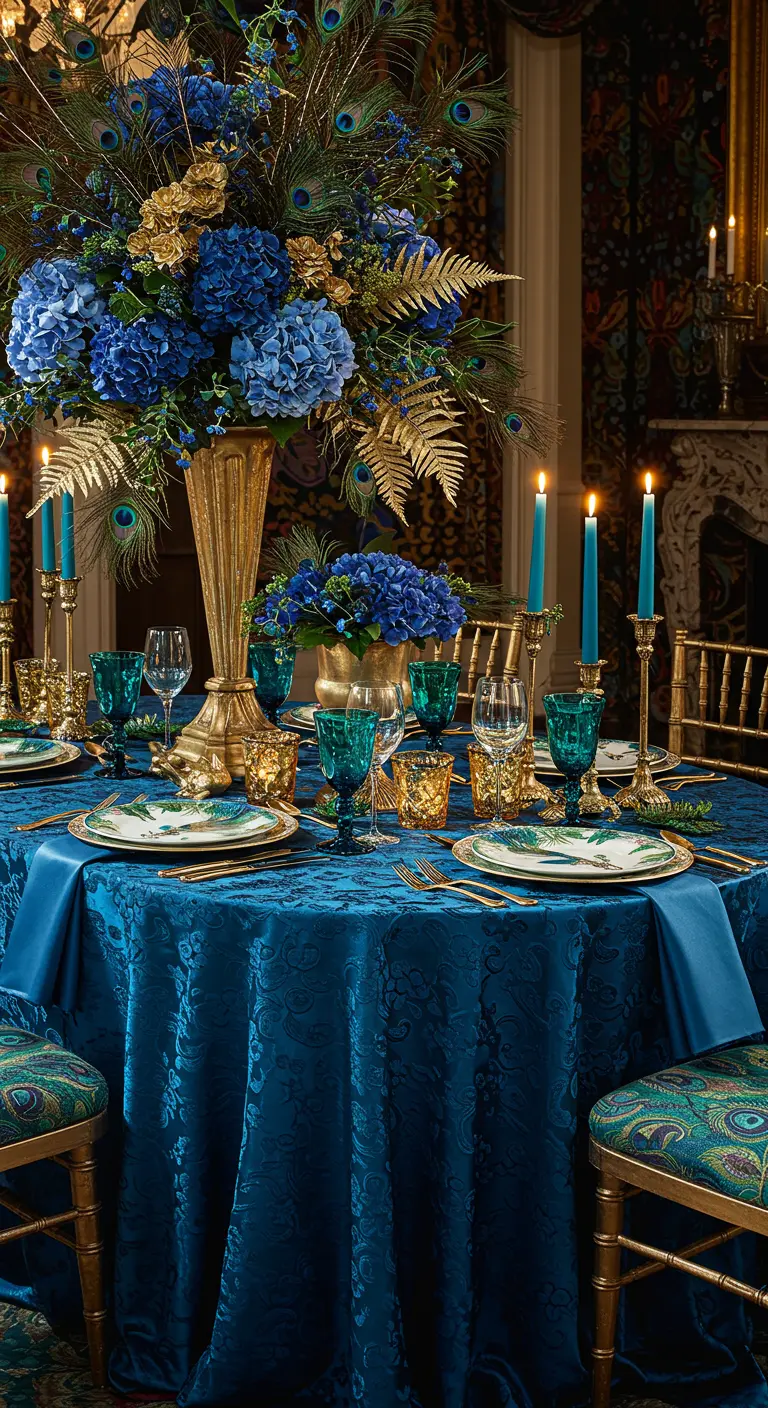 Table de réception baroque avec une nappe en velours bleu, un grand vase doré et des plumes de paon.