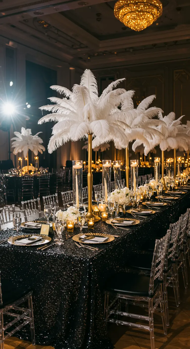 Table de gala noire à sequins, hauts centres de table avec plumes blanches.