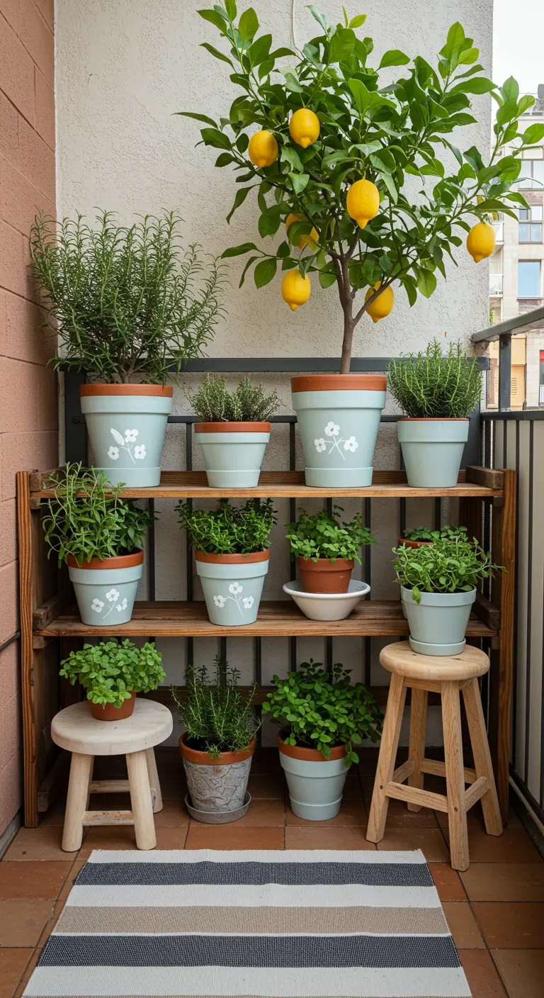 Étagère en bois avec des pots de plantes peints en vert pastel et décorés de fleurs blanches.