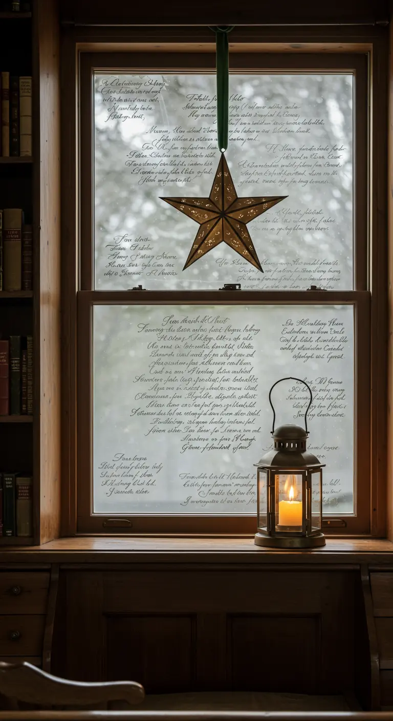Fenêtre de bureau décorée de textes calligraphiés et d'une étoile suspendue.