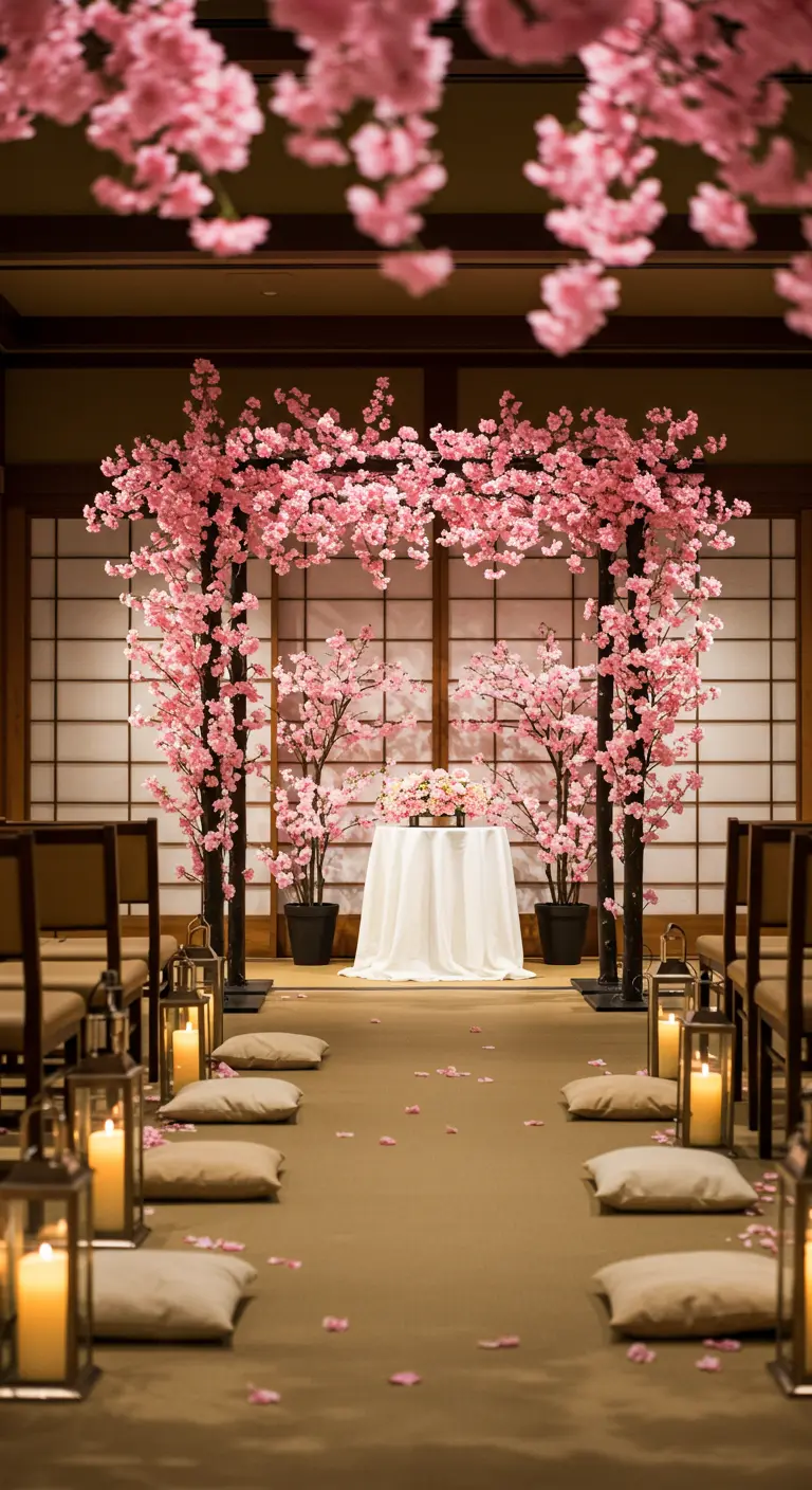 Arche carrée de cerisiers en fleurs roses pour une cérémonie d'inspiration japonaise.