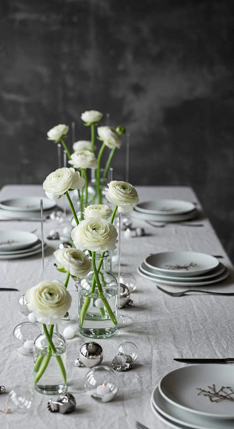 Lignée de soliflores avec des renoncules blanches sur une table au nappage en lin gris.