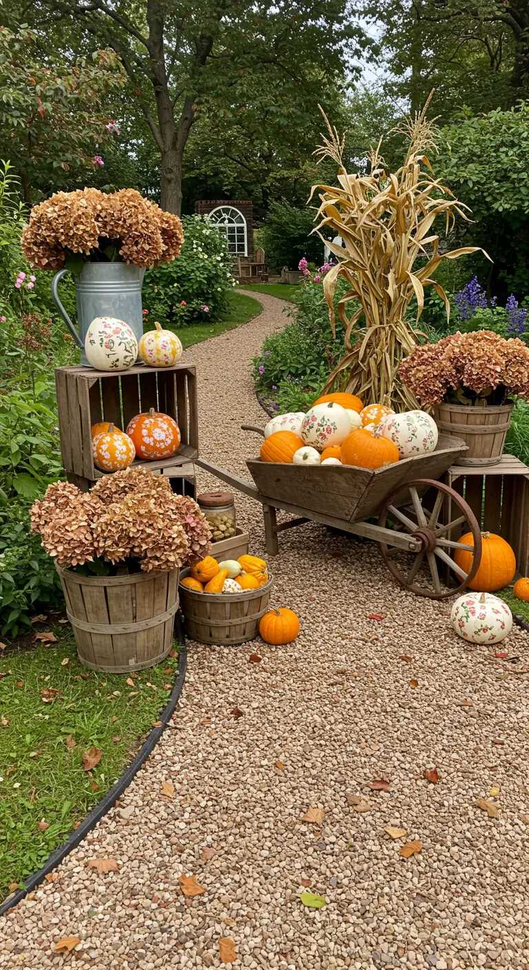 Citrouilles peintes avec des motifs floraux dans un jardin avec des hortensias séchés.