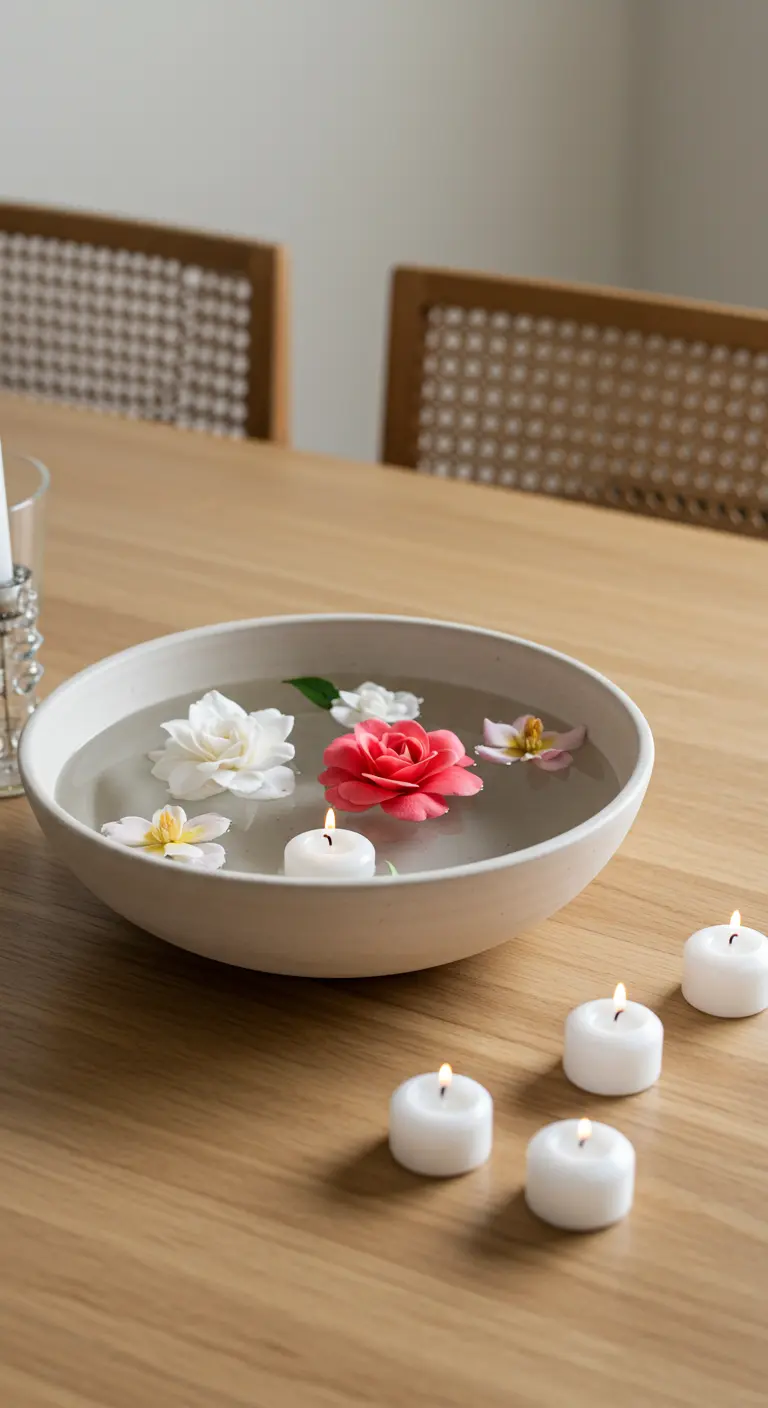 Bol en céramique rempli d'eau où flottent des fleurs et des bougies chauffe-plat.