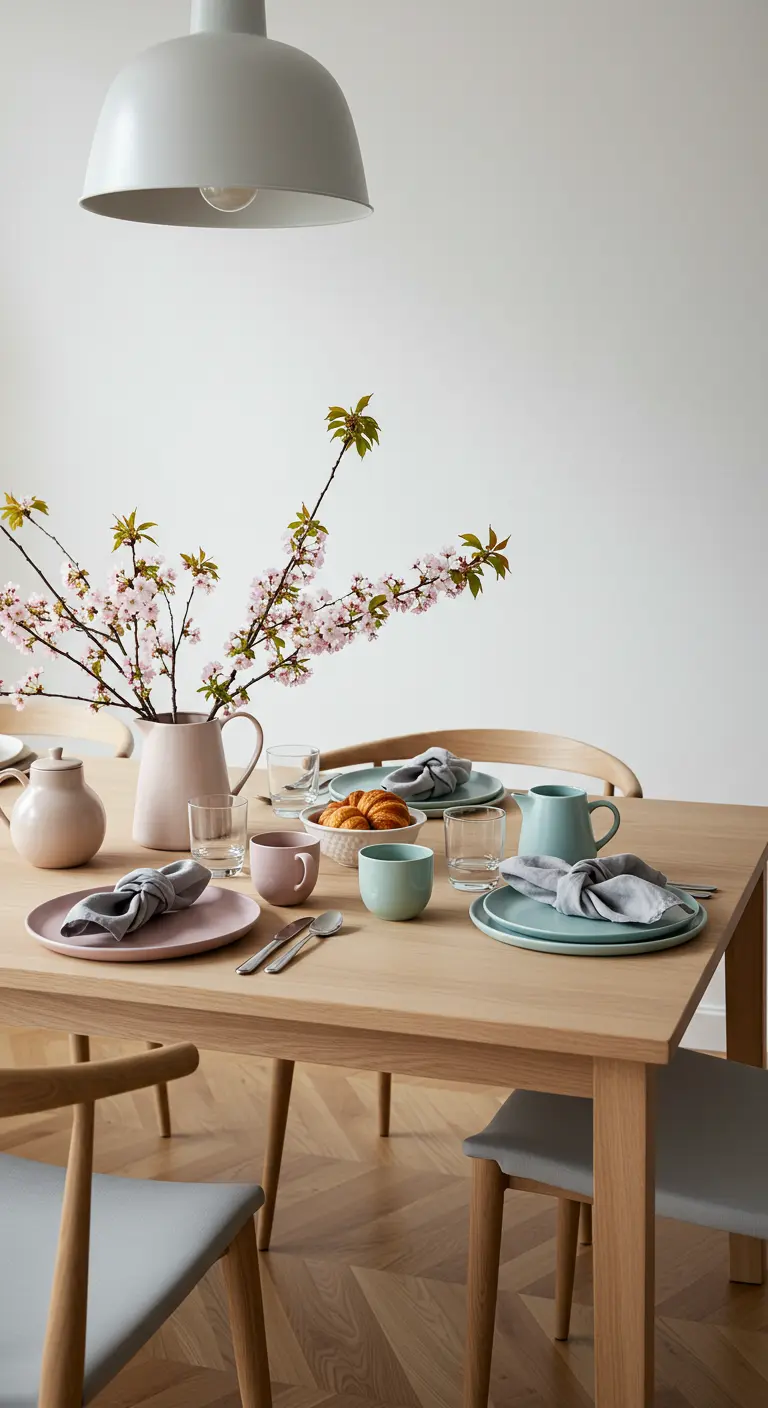 Table de brunch minimaliste avec de la vaisselle pastel et une branche de cerisier en fleurs.