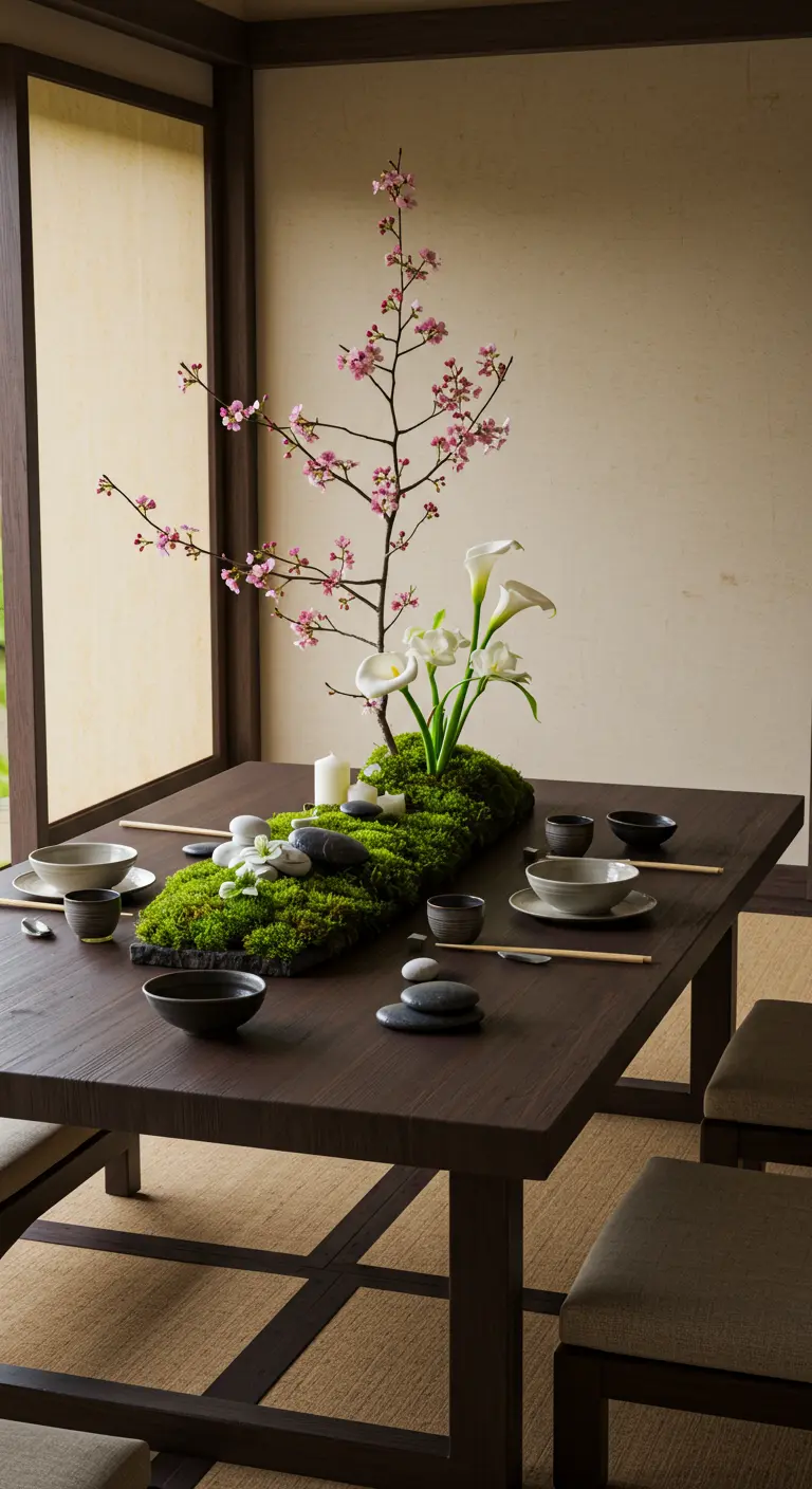 Centre de table de style Ikebana avec branche de cerisier et mousse.