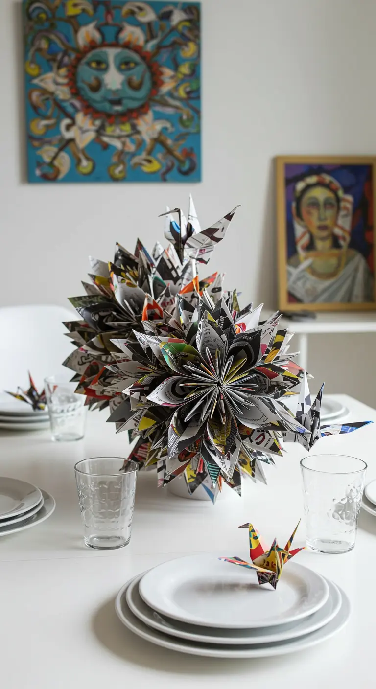 Centre de table composé de fleurs en origami colorées, faites de papier recyclé.