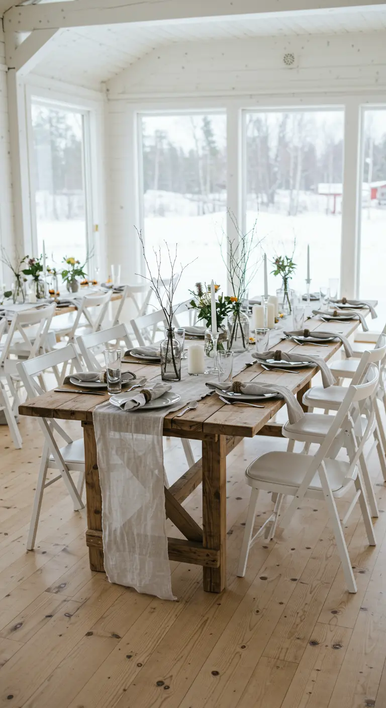Table de mariage en bois clair dans une pièce blanche, décoration minimaliste avec des branches.