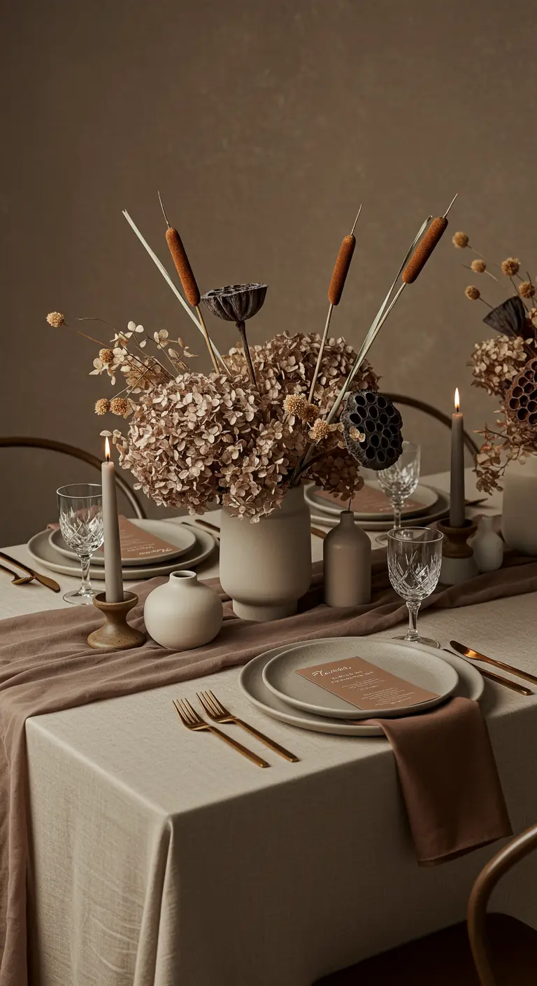 Centre de table élégant composé de fleurs séchées dans des tons neutres, avec de la vaisselle en céramique.