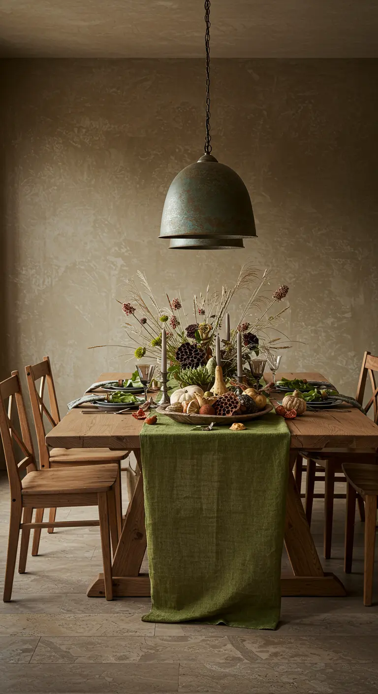 Table rustique wabi-sabi avec chemin de table vert et centre de fleurs séchées.