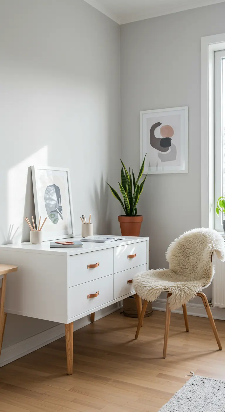 Bureau blanc de style scandinave avec des poignées en cuir et une chaise en peau de mouton