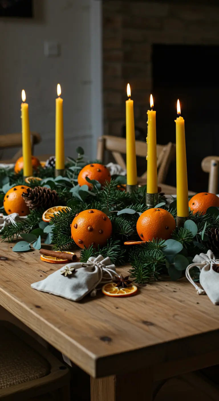 Centre de table avec des oranges piquées de clous de girofle, des branches de sapin et des bougies.