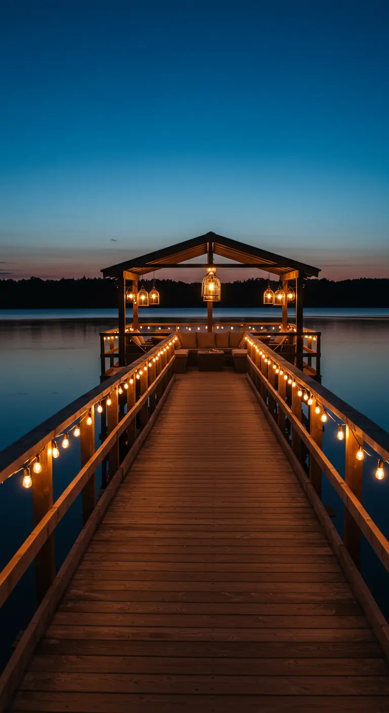 Long ponton en bois sur un lac au crépuscule, éclairé par des guirlandes.