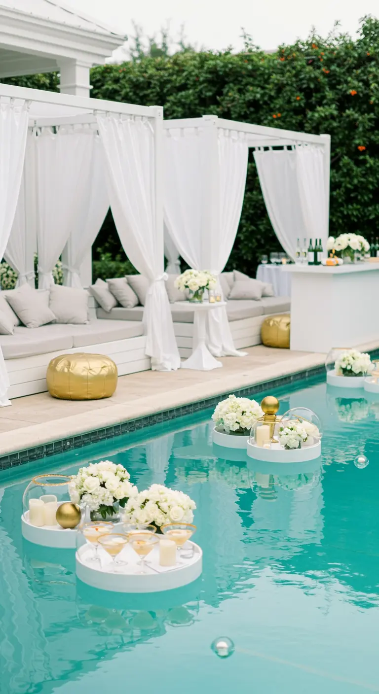 Piscine avec des cabanas blanches, des poufs dorés et des plateaux flottants avec fleurs et boissons.