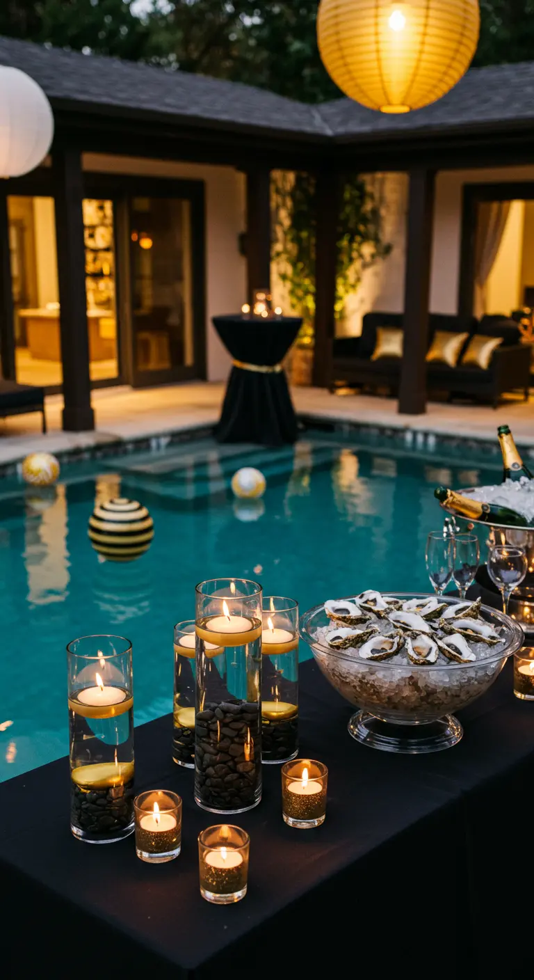 Soirée au bord d'une piscine avec des bougies, des huîtres et des lampions.
