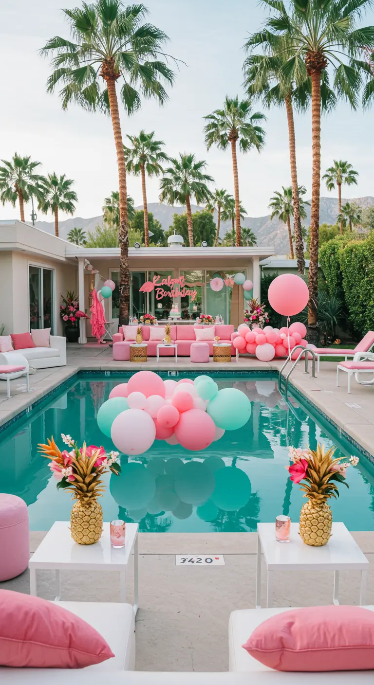 Fête au bord d'une piscine avec des ballons roses et verts et des palmiers.