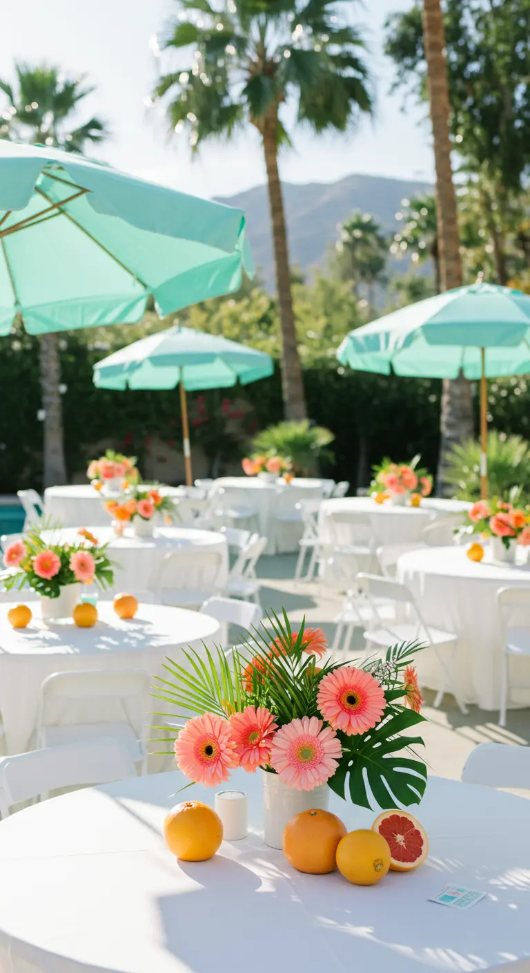 Table de réception près d'une piscine avec des gerberas corail et des pamplemousses.