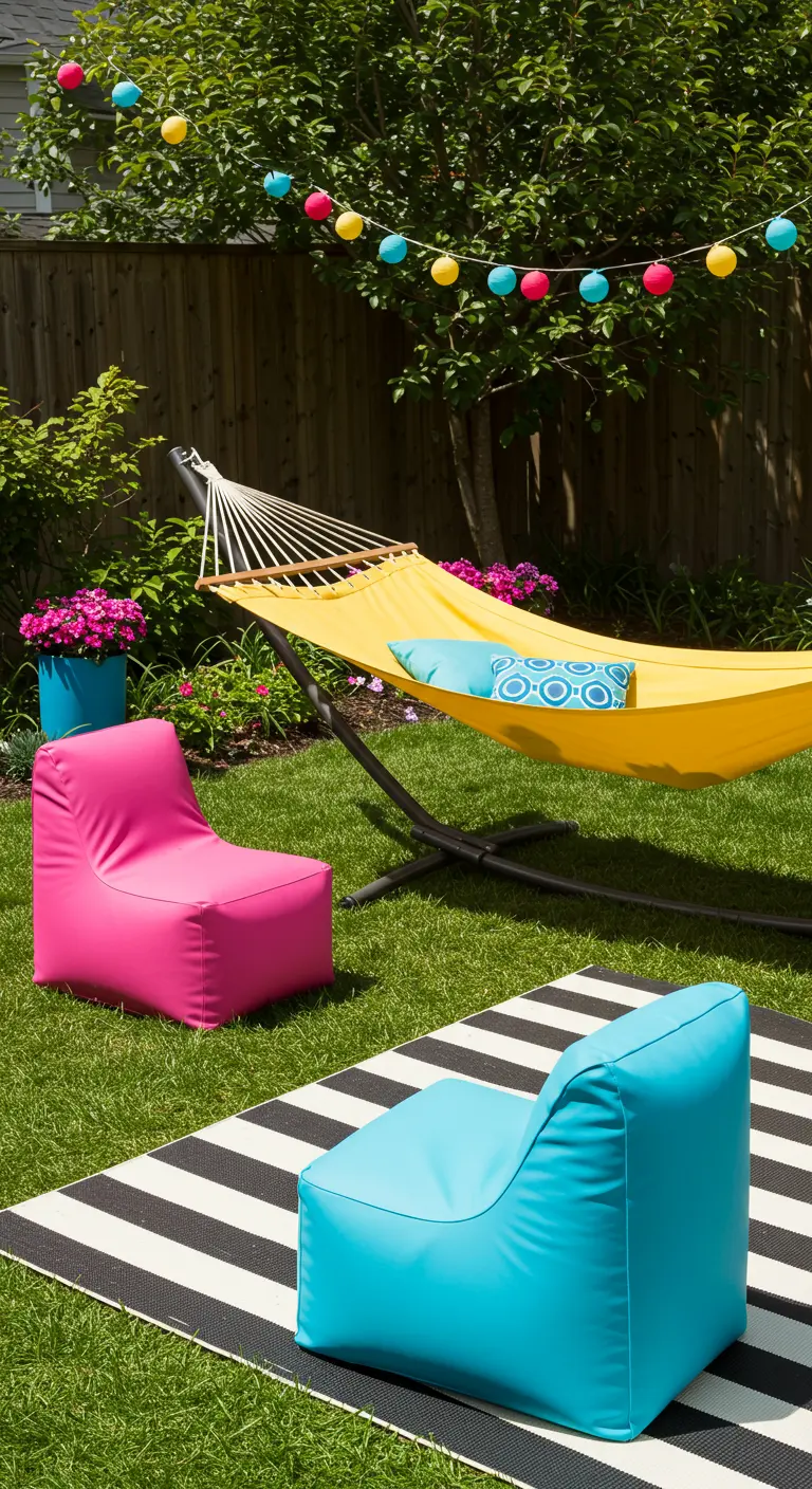 Hamac jaune et poufs-fauteuils rose et bleu sur un tapis rayé.
