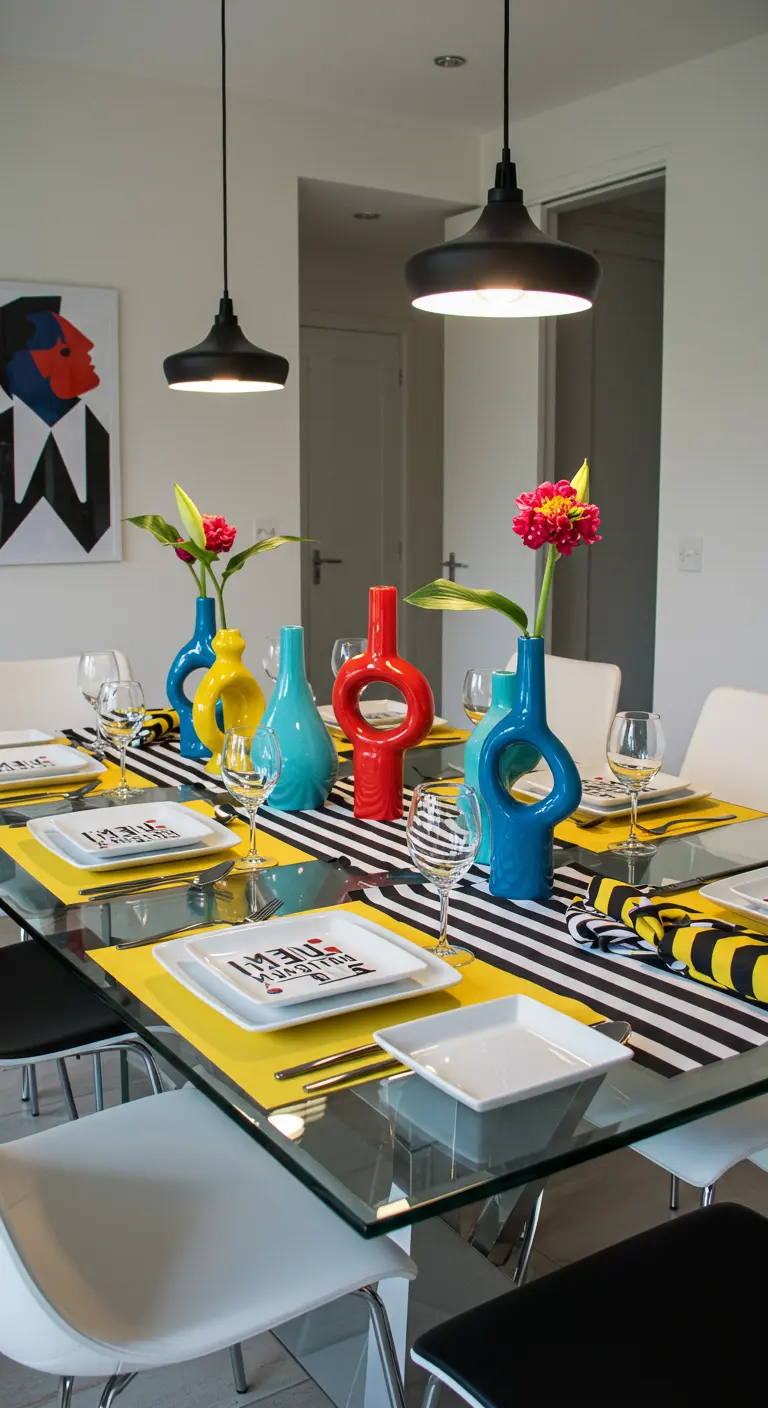 Table Pop Art avec sets de table jaunes, nappe rayée, vases géométriques colorés et vaisselle carrée