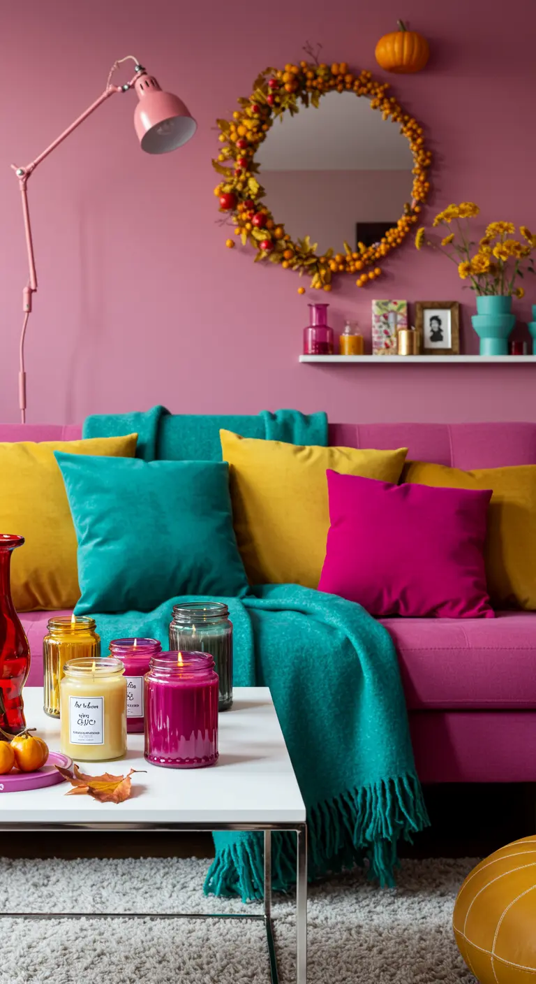 Salon aux murs roses avec un canapé fuchsia, coussins turquoise et jaunes, et bougies colorées.