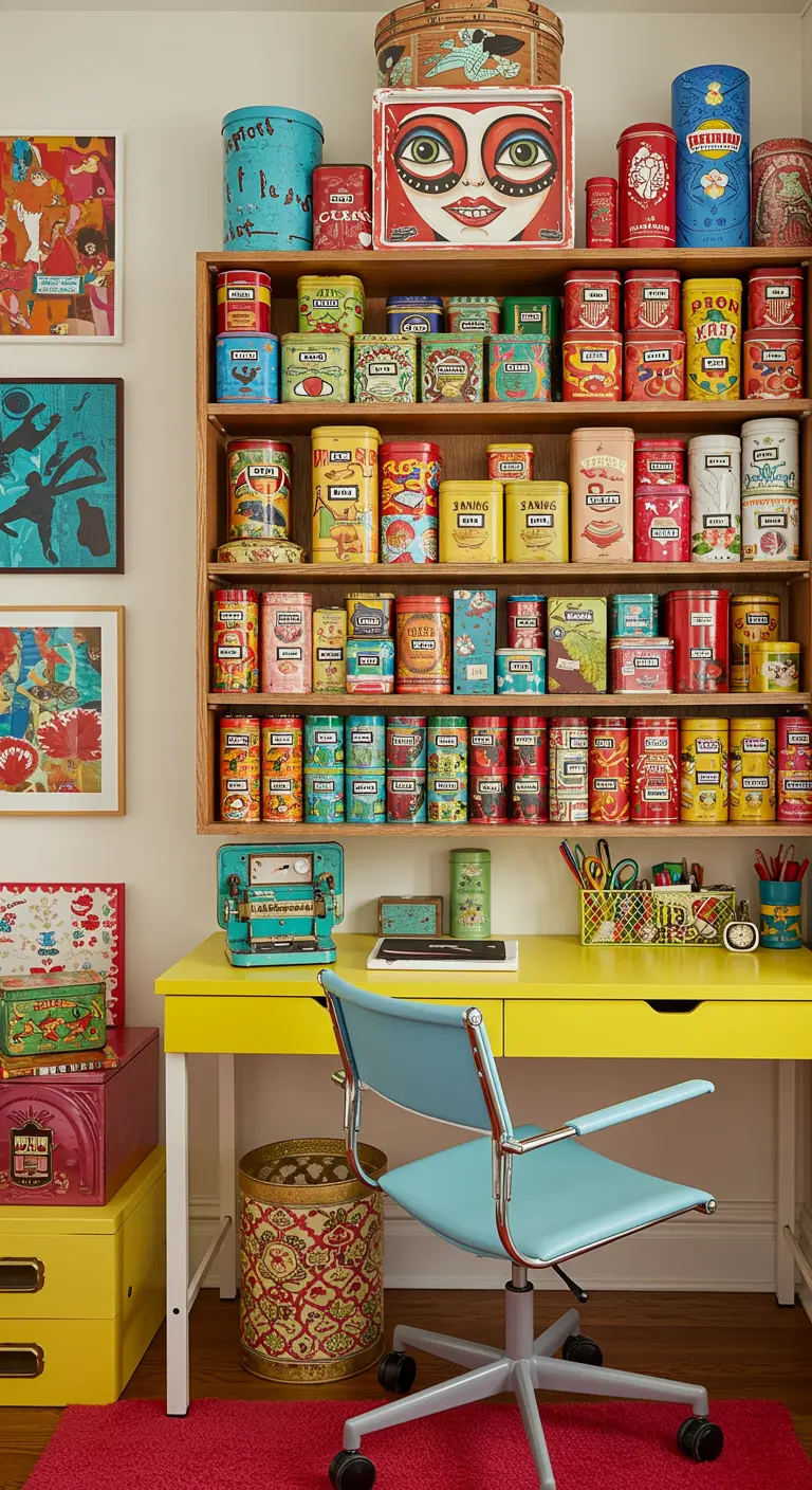 Bureau joyeux et coloré avec des étagères remplies d'une collection de boîtes en fer blanc vintage.