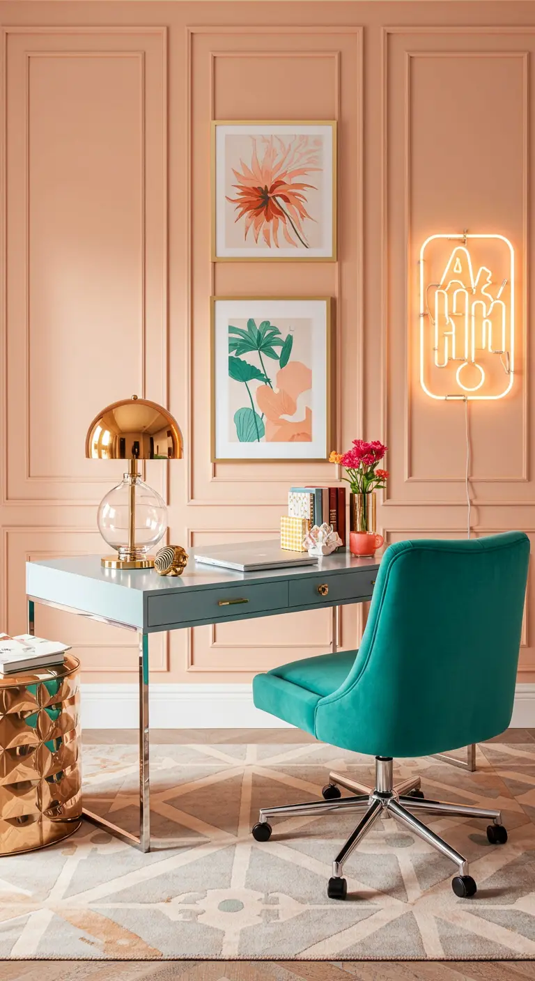 Bureau design avec chaise en velours turquoise, murs rose pêche et une enseigne néon.