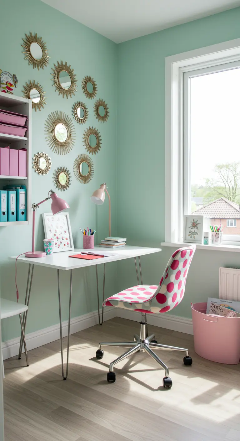 Bureau dans une pièce vert menthe, décoré de miroirs soleil dorés.