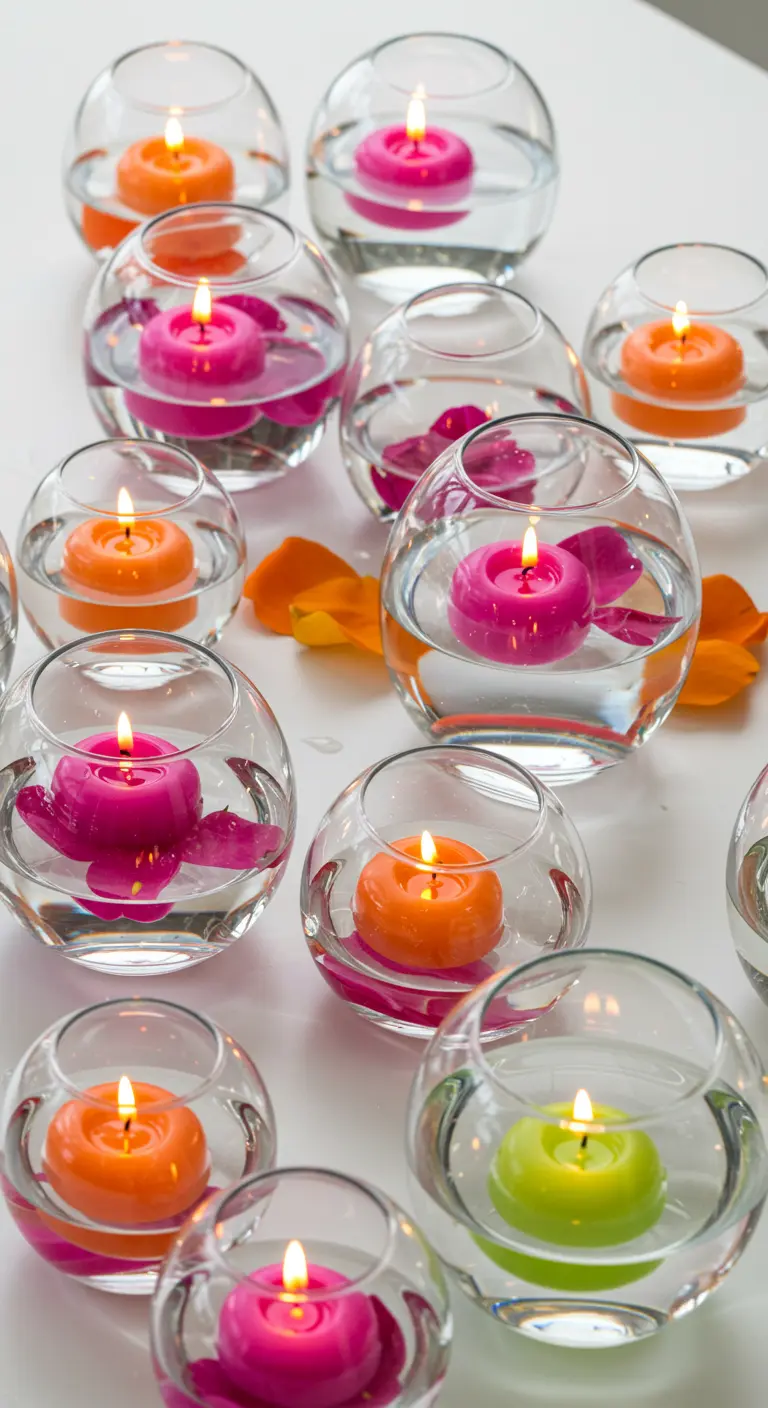 Verrines avec des bougies flottantes de couleurs vives : rose, orange, vert.