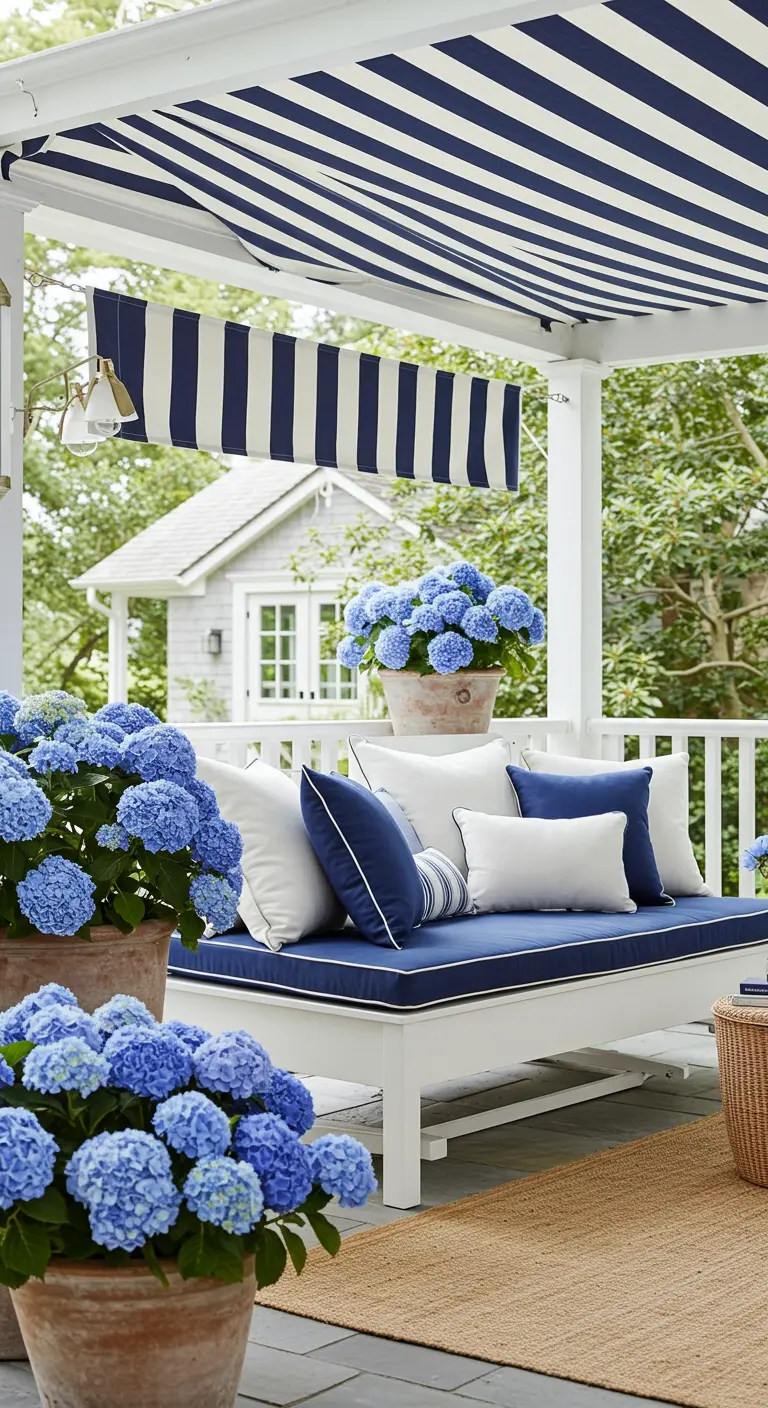 Lit de jour blanc et bleu sur un porche avec des hortensias