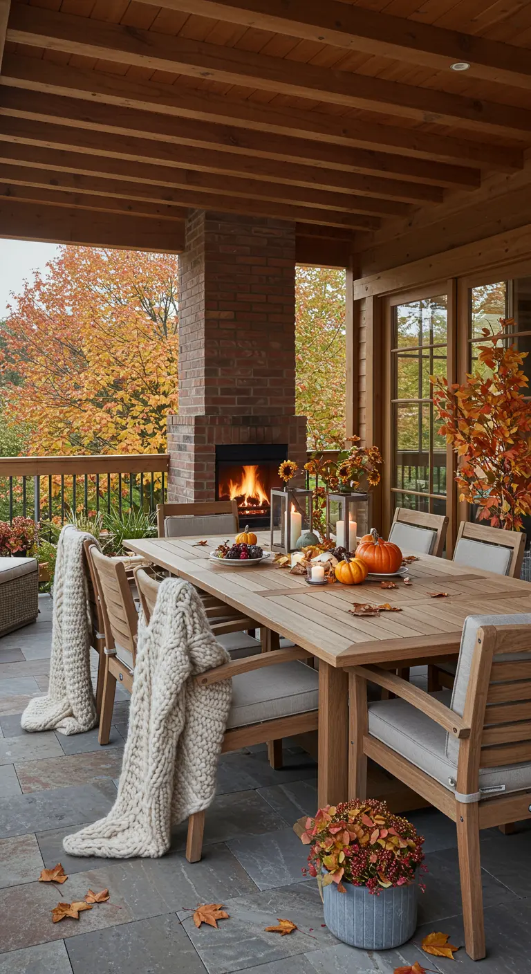 Table à manger sur une terrasse couverte en automne, avec un feu de cheminée.