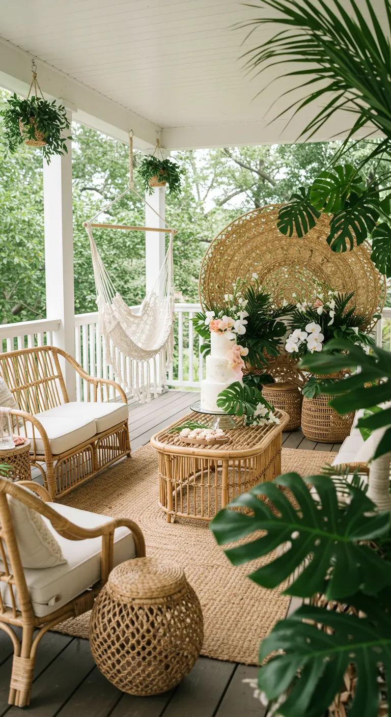 Terrasse couverte décorée avec du mobilier en rotin, un hamac et des plantes tropicales.