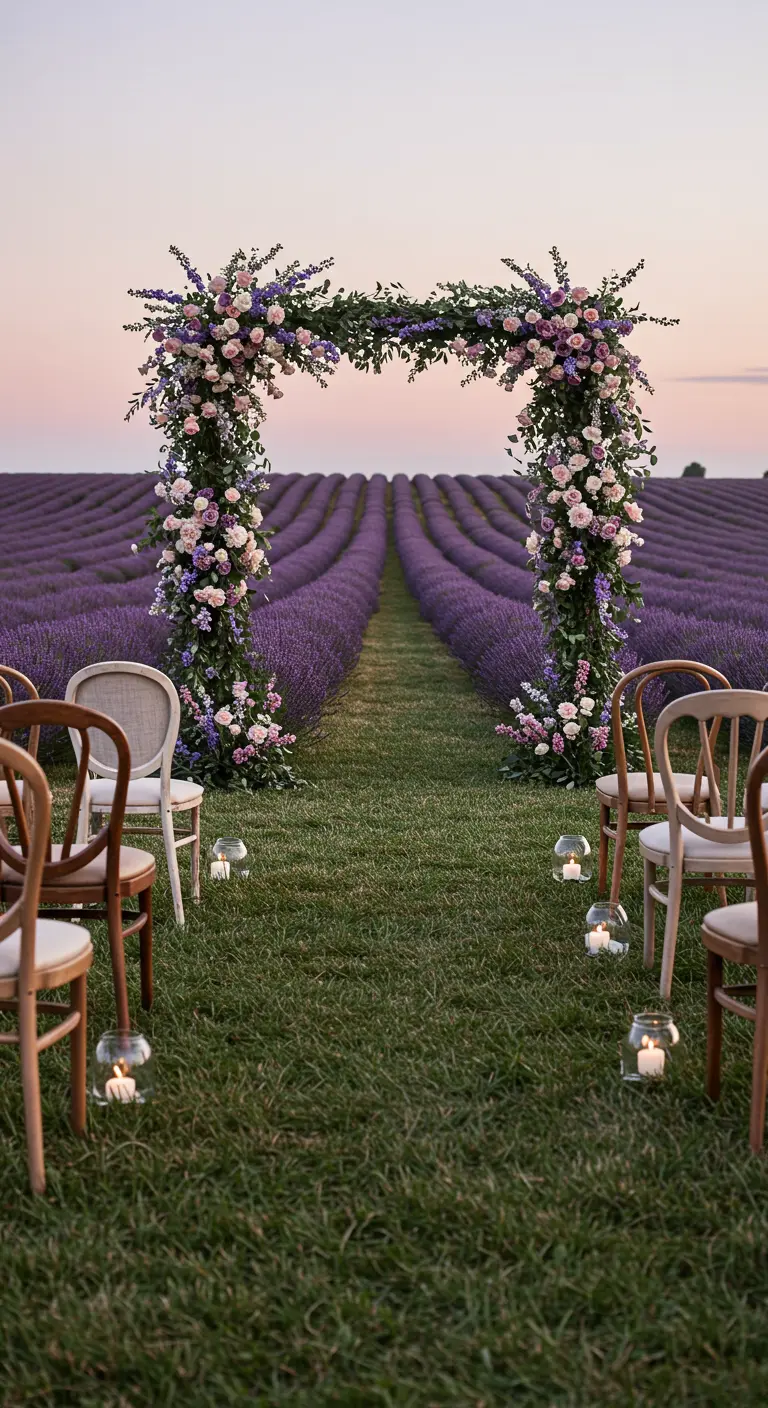 Arche florale carrée dans un champ de lavande au crépuscule.