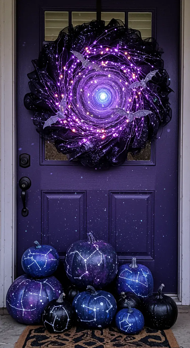 Porte violette avec une couronne lumineuse et des citrouilles peintes en galaxie.
