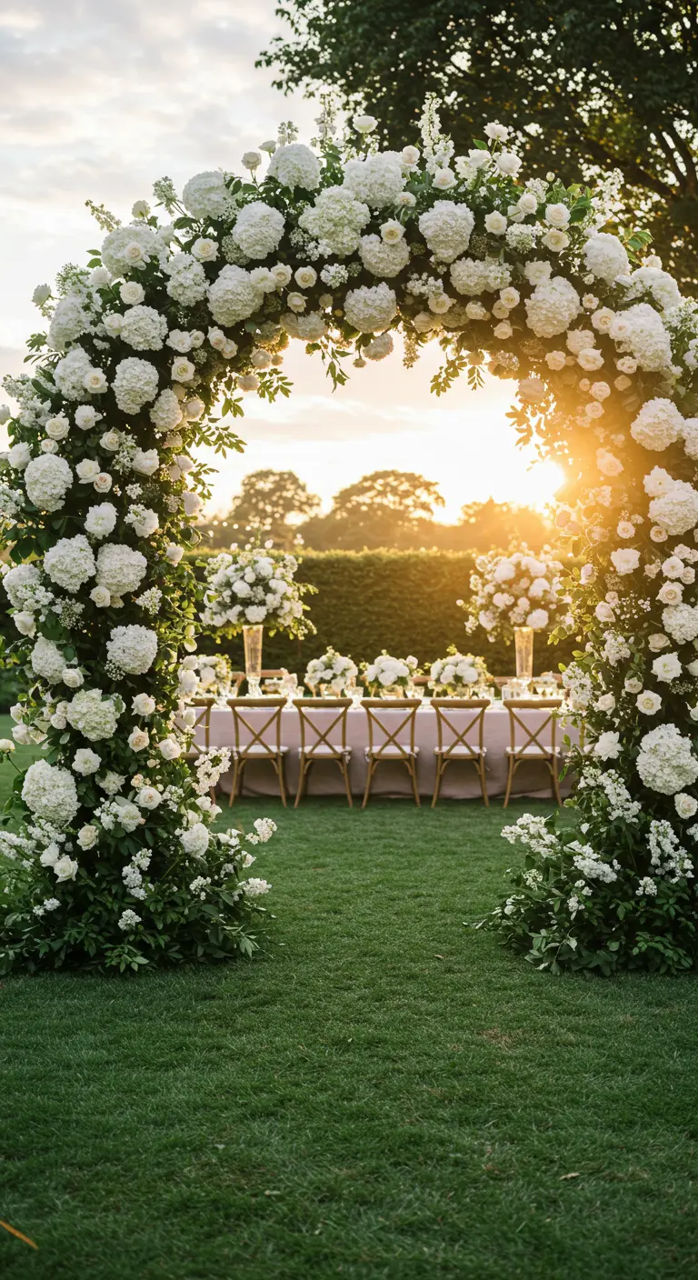 Arche entièrement recouverte de fleurs blanches denses, avec une table de réception en arrière-plan.