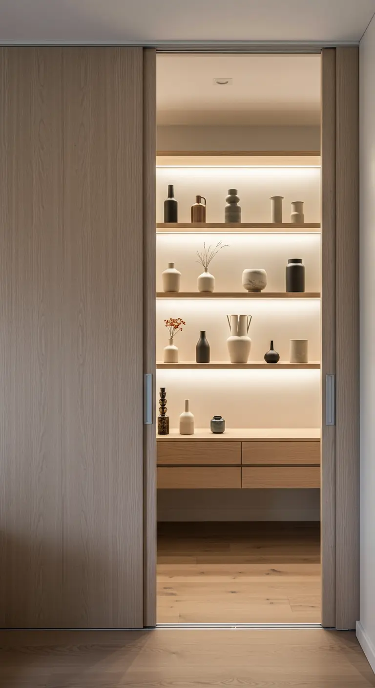 Dressing avec portes coulissantes en bois clair, étagères rétroéclairées et objets décoratifs.