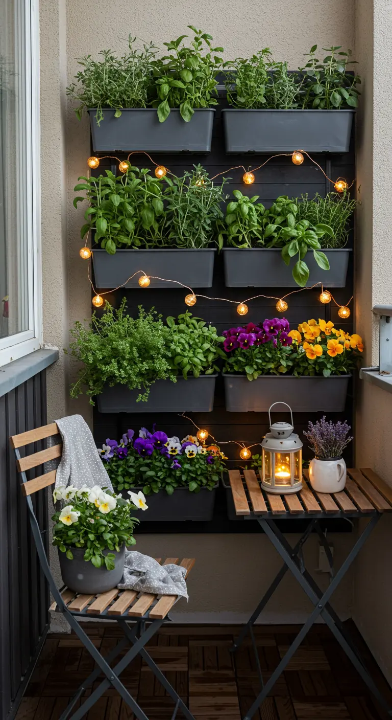 Mur végétal sur balcon avec herbes aromatiques, pensées, guirlandes lumineuses, table et chaise en bois.