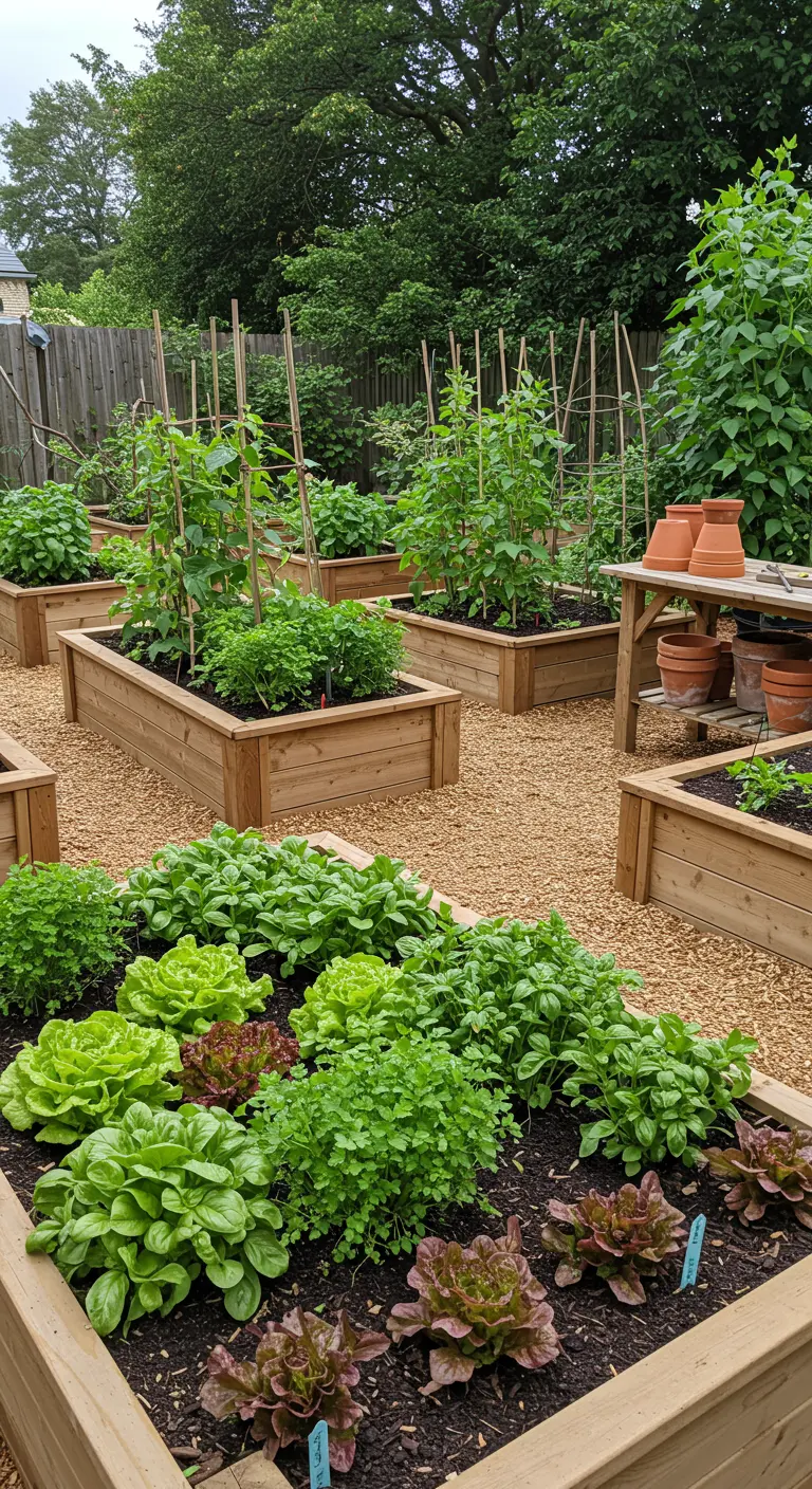 Jardin potager avec de nombreuses jardinières carrées en bois clair, légumes verts et herbes aromatiques.