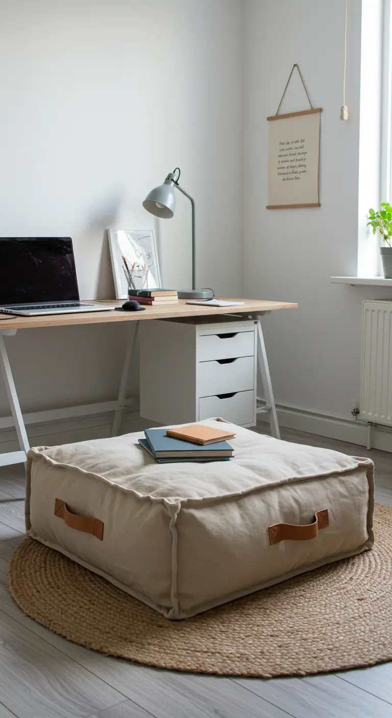 Grand coussin de sol carré en toile beige avec des poignées en cuir, posé sur un tapis de jute
