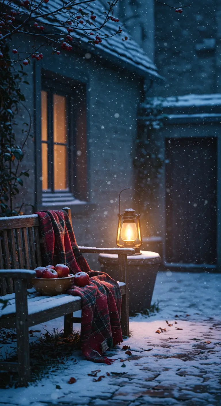 Banc enneigé avec un plaid rouge, un bol de pommes et une lanterne allumée sous la neige.
