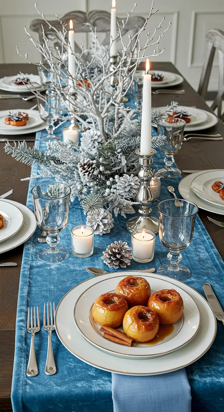 Table d'hiver avec chemin de table bleu, branches givrées et bougies blanches.