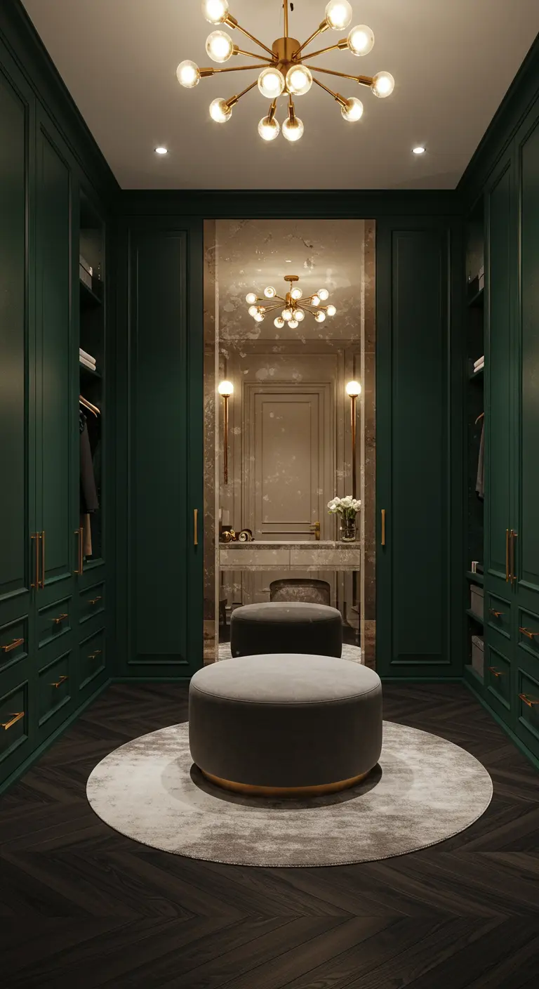 Dressing vert émeraude avec grand miroir, lustre opulent et pouf rond en velours.