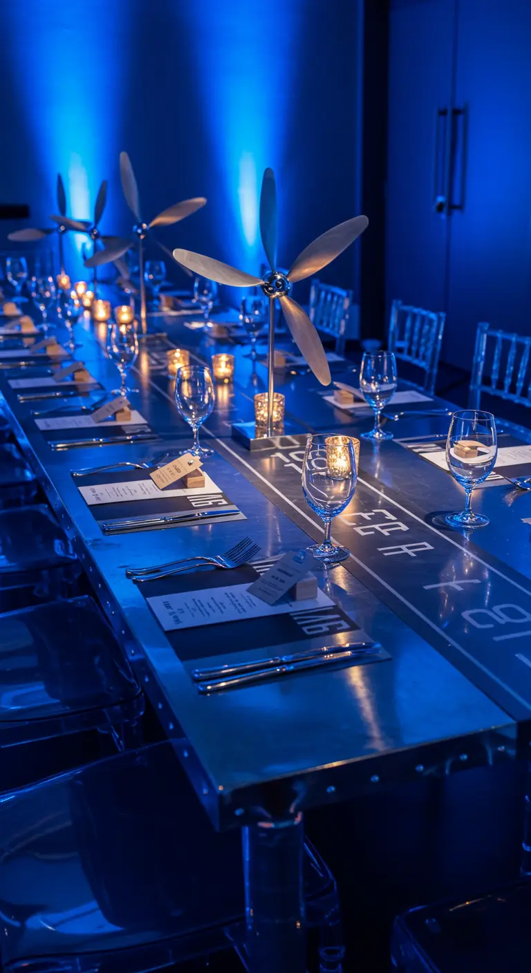 Table de fête sur le thème de l'aviation avec un éclairage bleu intense.
