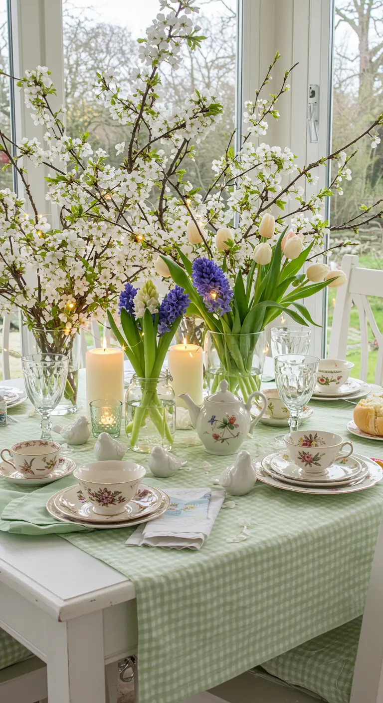 Table printanière avec nappe vichy vert pâle, bouquets de fleurs de cerisier, tulipes et jacinthes, et figurines d'oiseaux.