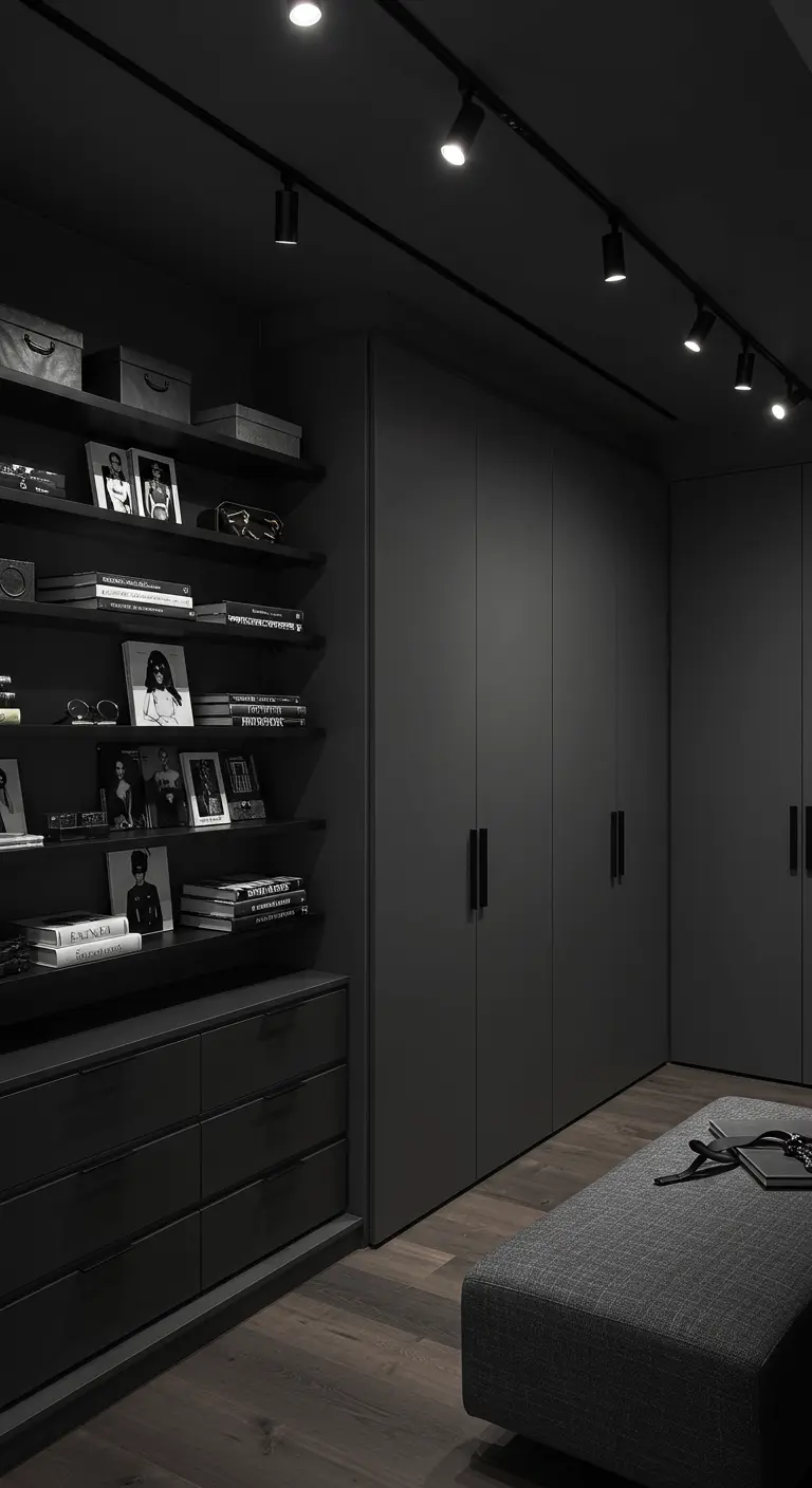 Dressing gris anthracite avec armoires, étagères ouvertes pour livres et accessoires et banc long.