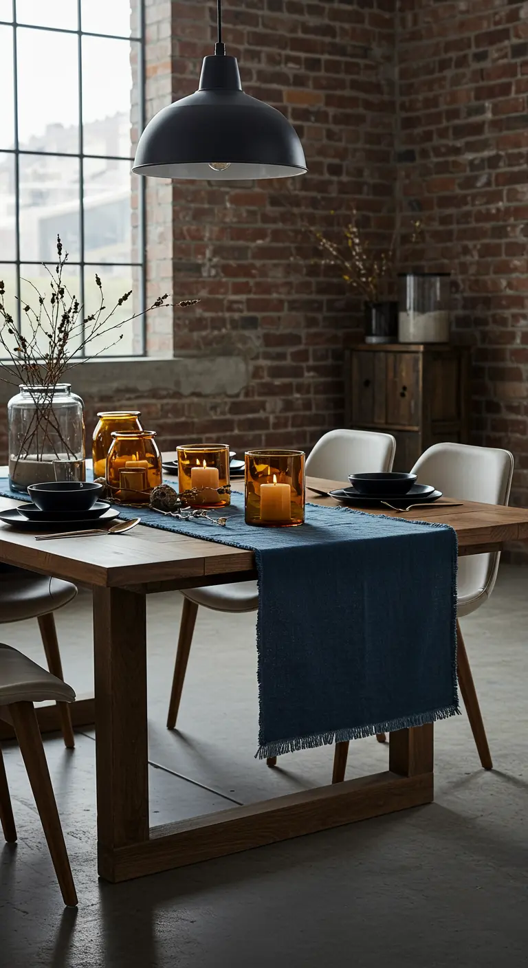 Chemin de table indigo brut, lanternes en verre ambré et bougies sur table en bois