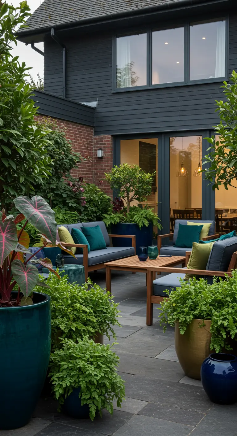 Patio moderne avec des pots aux couleurs sombres (vert, bleu) et dorées, abritant des plantes tropicales luxuriantes.