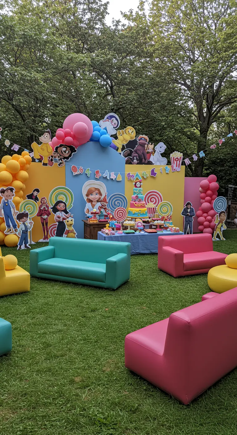 Décor d'anniversaire pour enfant sur le thème d'un dessin animé, avec des personnages en carton.