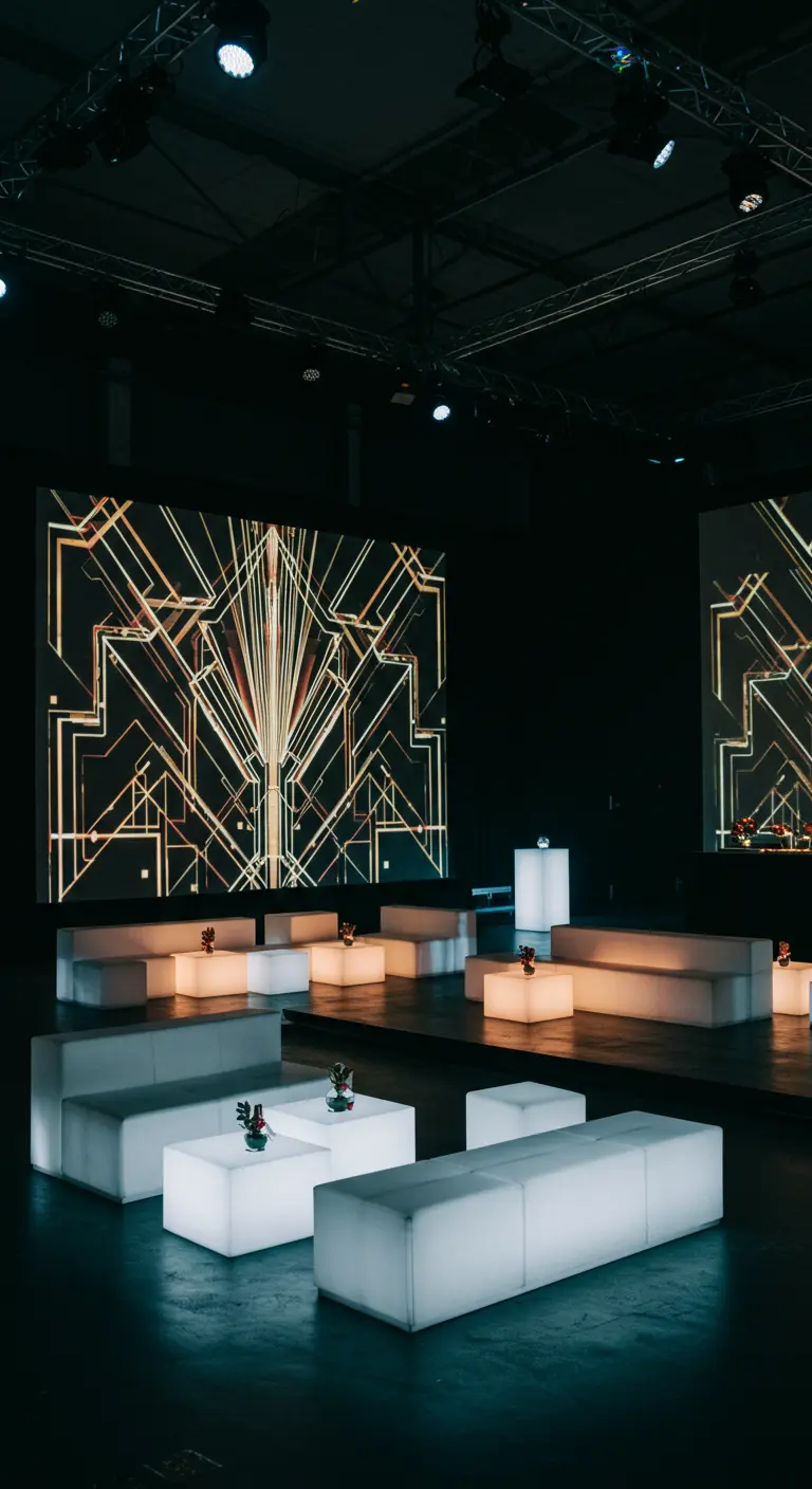 Lounge moderne avec mobilier lumineux et projections de motifs Art déco.